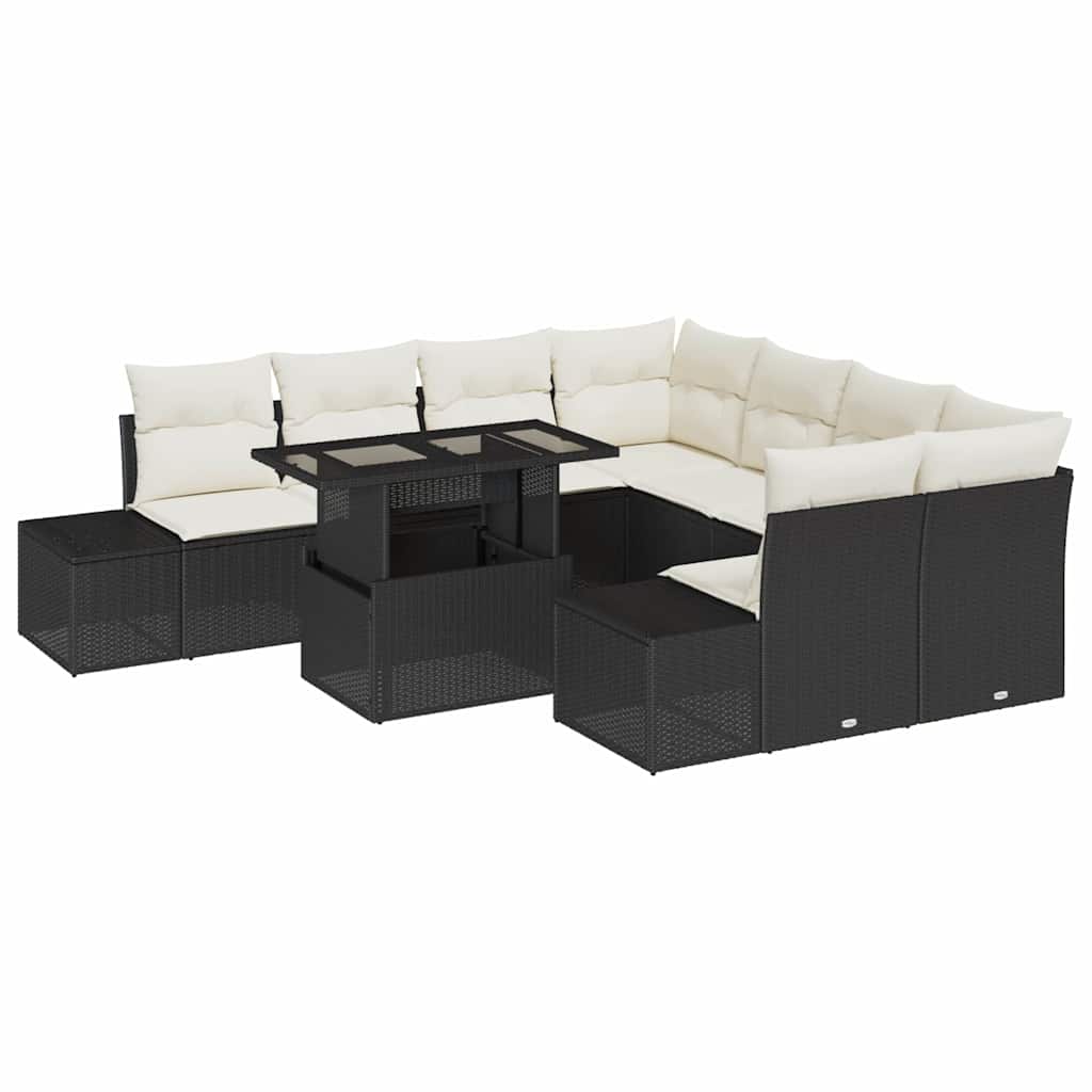 Gartensofa-set mit Kissen 9 pcs Schwarz und Creme Poly-Rattan