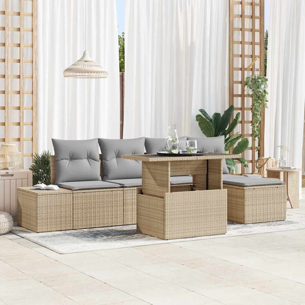 Gartensofa-set mit Kissen 6 pcs Schwarz und Creme Poly-Rattan