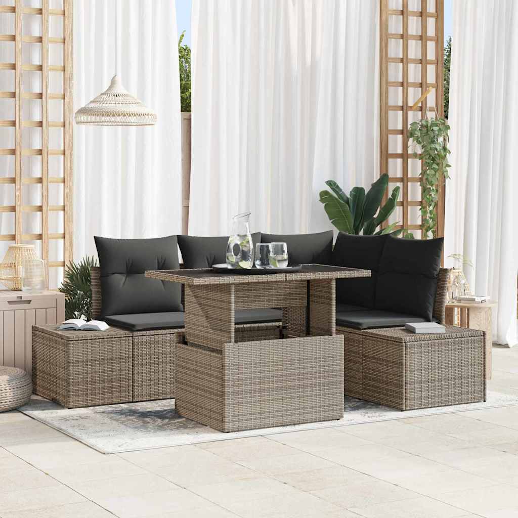 Gartensofa-set mit Kissen 5 pcs Schwarz und Creme Poly-Rattan