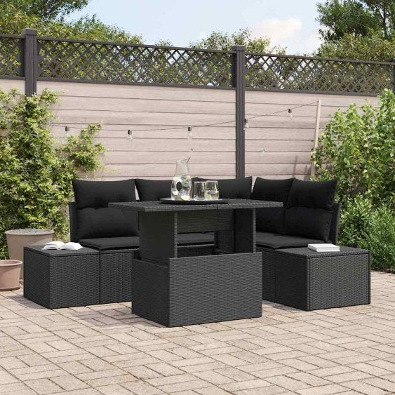 Gartensofa-set mit Kissen 5 pcs Schwarz und Creme Poly-Rattan