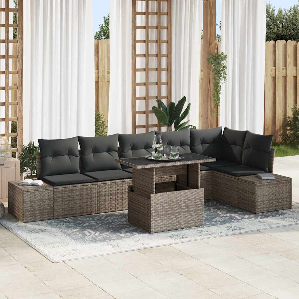 Garten-Sofa-Set mit Kissen mit Speicher 7 pcs Schwarz und Creme
