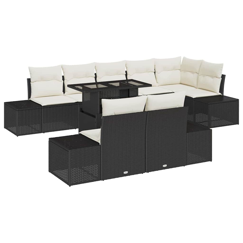 Garten-Sofa-Set mit Kissen mit Speicher 9 pcs Schwarz und Creme