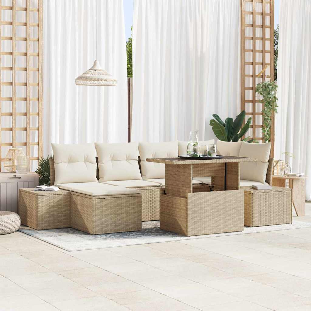 Garten-Sofa-Set mit Kissen 7 pcs Schwarz und Creme