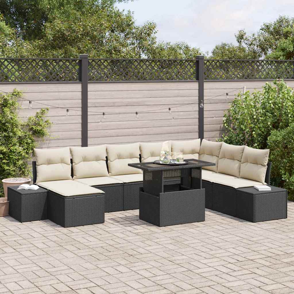 Gartensofa-set mit Kissen 9 pcs Schwarz und Creme Poly-Rattan