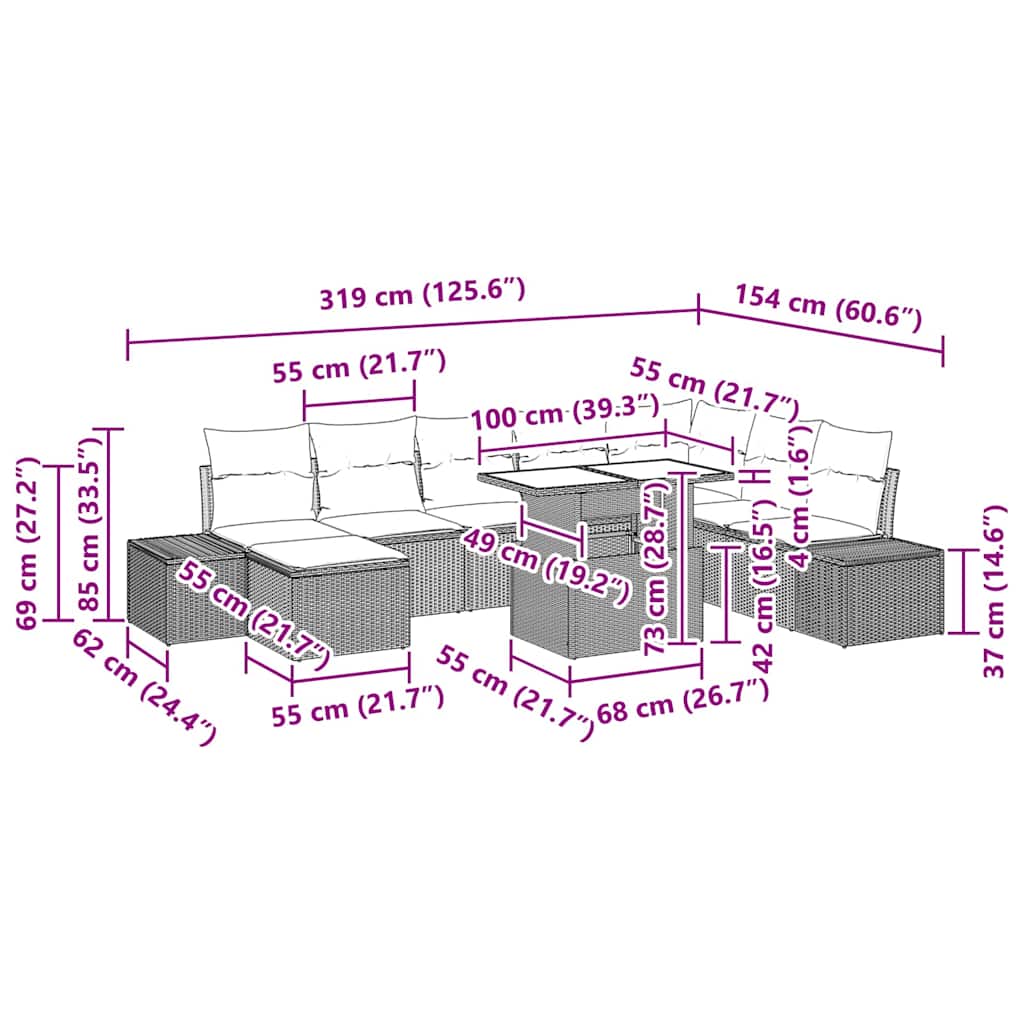 Gartensofa-set mit Kissen 9 pcs Schwarz und Creme Poly-Rattan