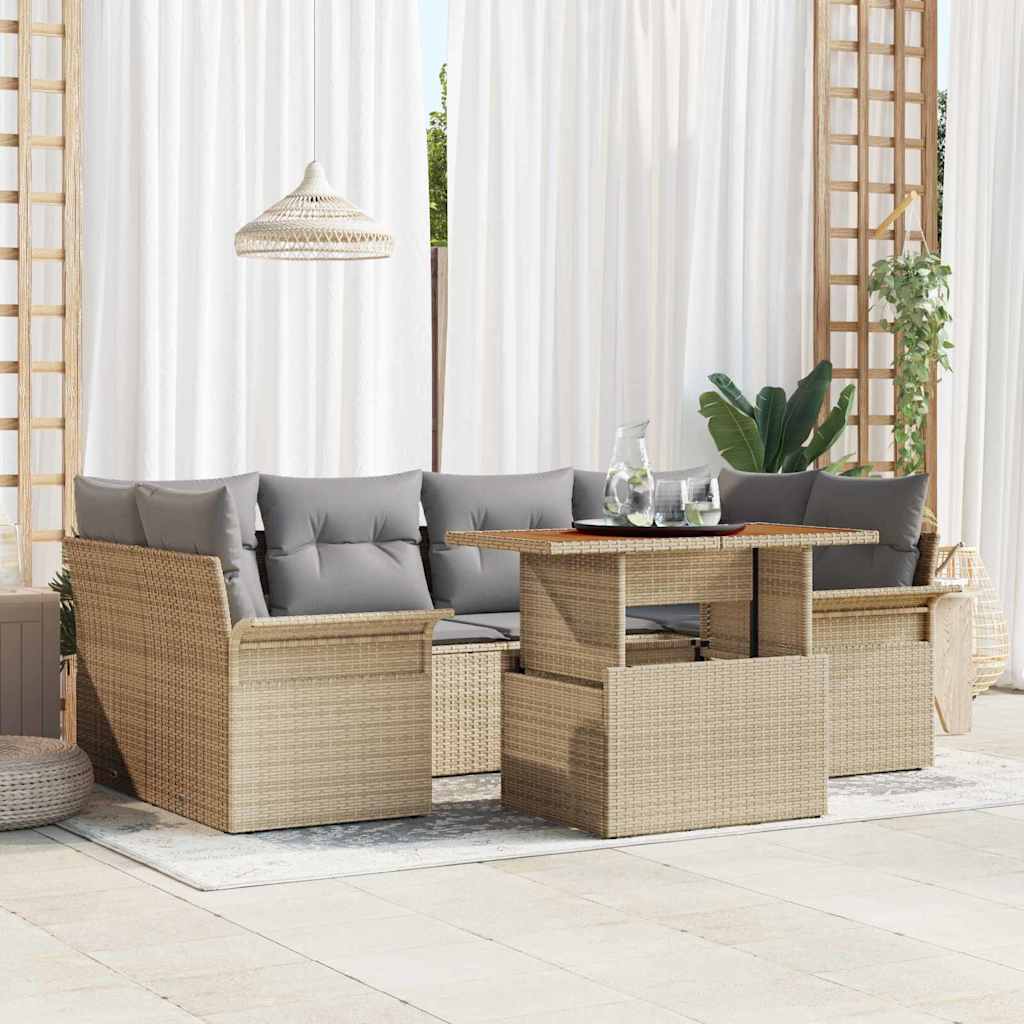 Garten-Sofa-Set mit Kissen 7 pcs Schwarz und Creme