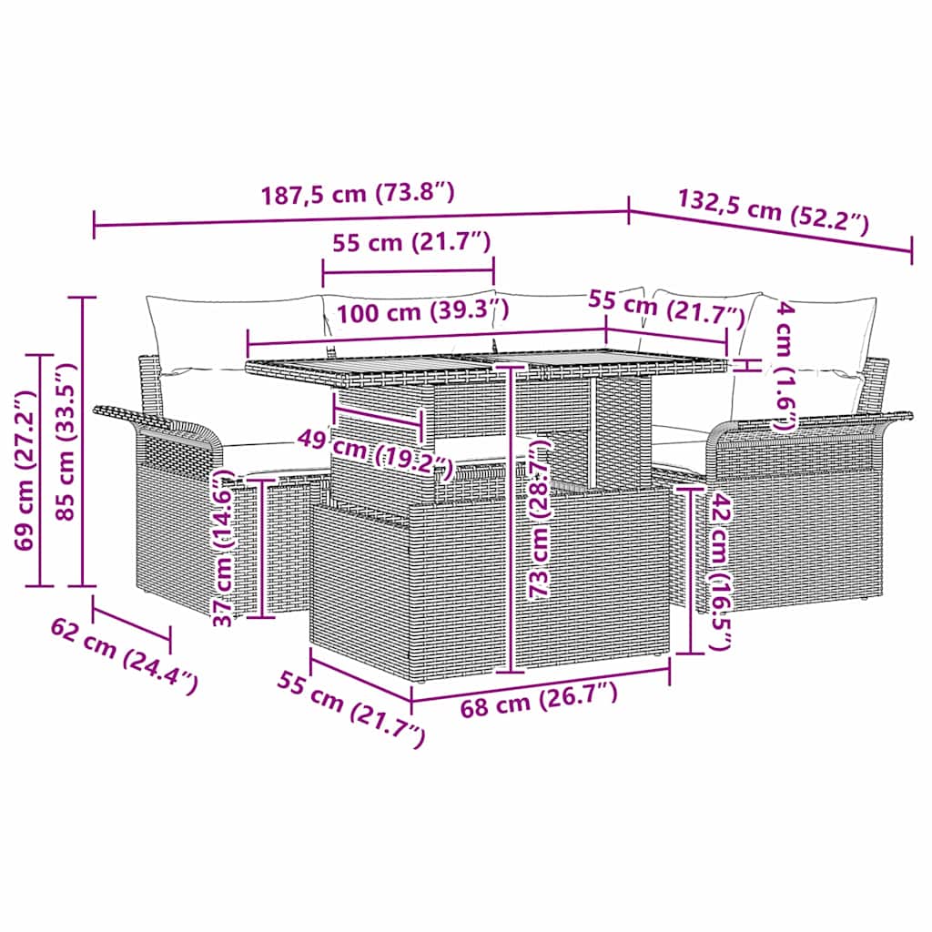 Garten-Sofa-Set mit Kissen 5 pcs Schwarz und Creme