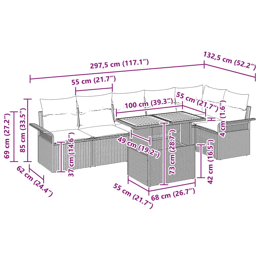Garten-Sofa-Set mit Kissen 7 pcs Schwarz und Creme