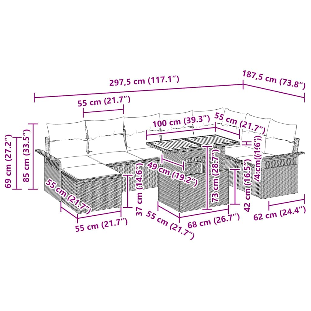 Garten-Sofa-Set mit Kissen 9 pcs Schwarz und Creme