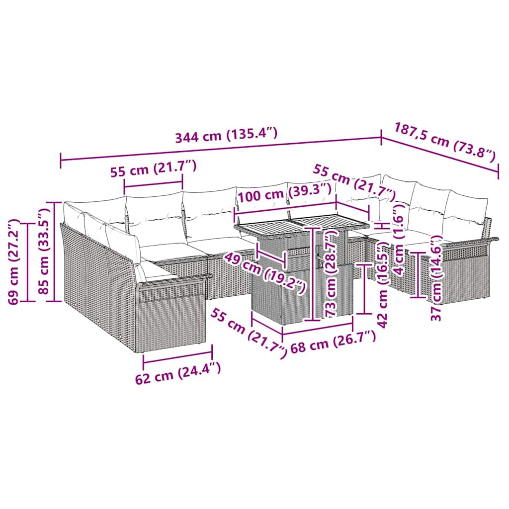 Garten-Sofa-Set mit Kissen 11 pcs Schwarz und Creme