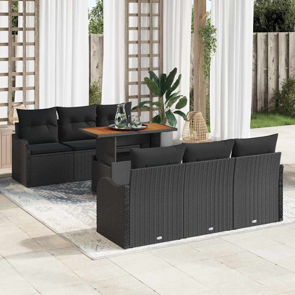 Garten-Sofa-Set mit Kissen 7 pcs Schwarz und Creme