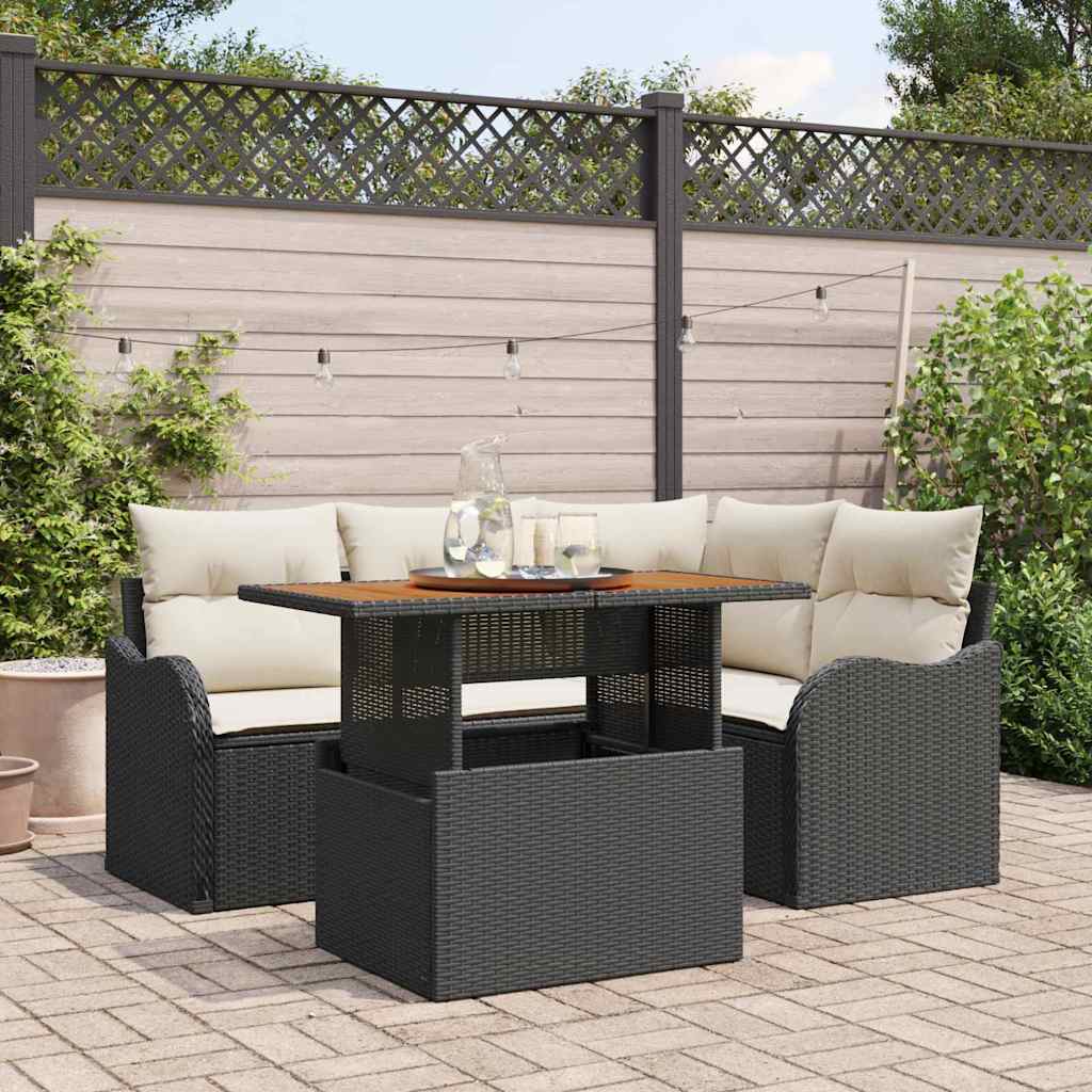 Garten-Sofa-Set mit Kissen 5 pcs Schwarz und Creme