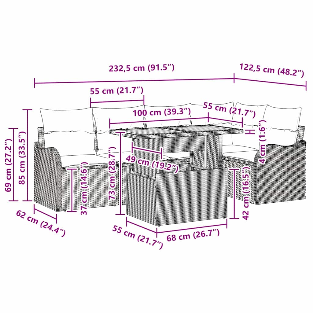 Garten-Sofa-Set mit Kissen 6 pcs Schwarz und Creme