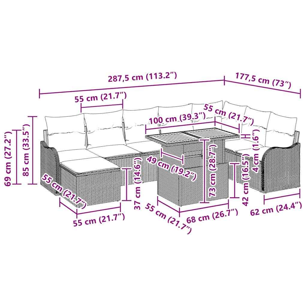 Garten-Sofa-Set mit Kissen mit Speicher 9 pcs Schwarz und Creme
