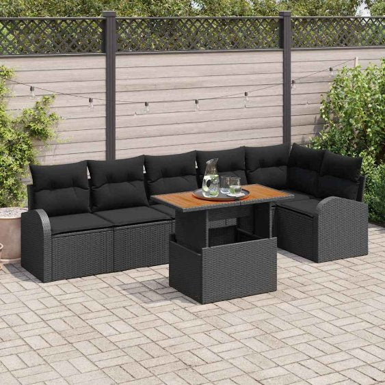 Garten-Sofa-Set mit Kissen 7 pcs Schwarz und Creme