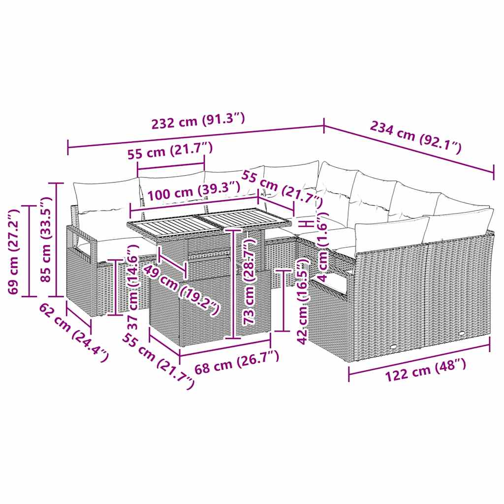 Garten Essgruppe mit Kissen mit Kissen 9 pcs Schwarz und Creme