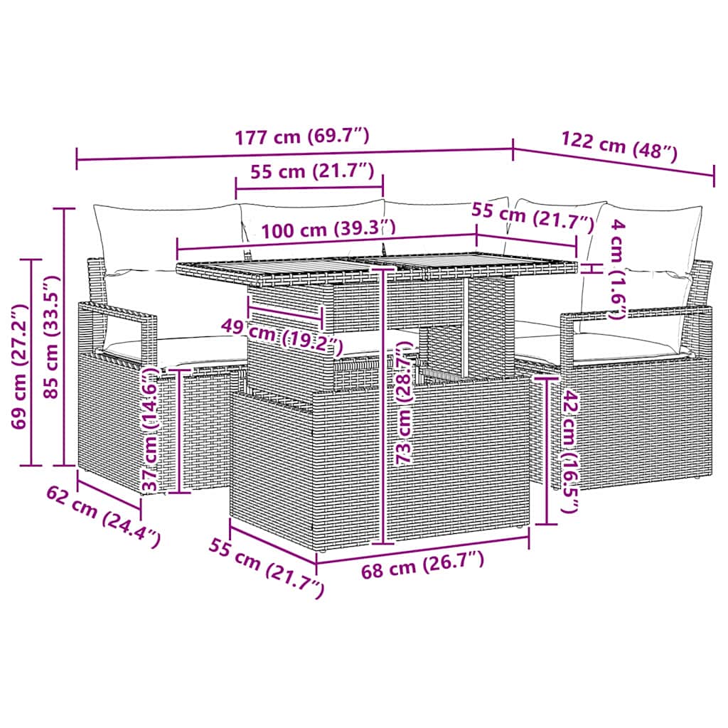 Garten Essgruppe mit Kissen mit Kissen 5 pcs Schwarz und Creme