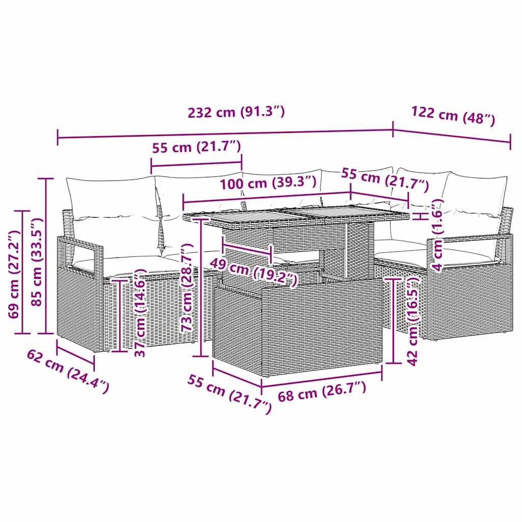 Garten Essgruppe mit Kissen mit Kissen 6 pcs Schwarz und Creme