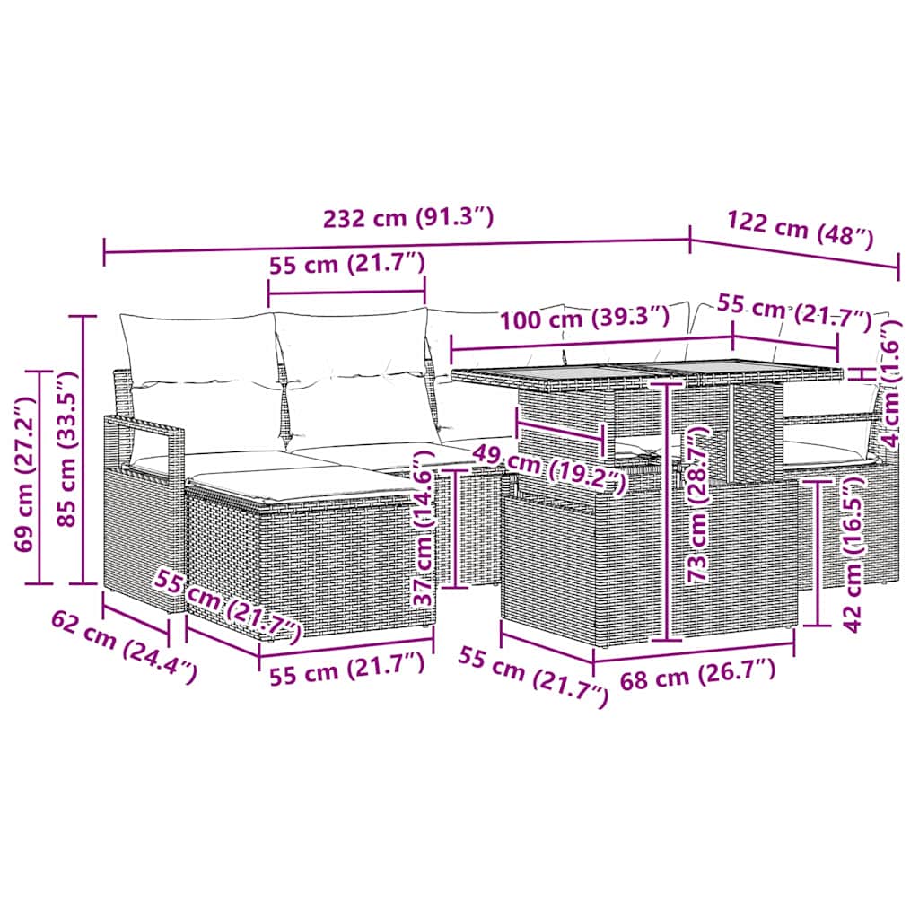 Garten Essgruppe mit Kissen 7 pcs Schwarz und Creme