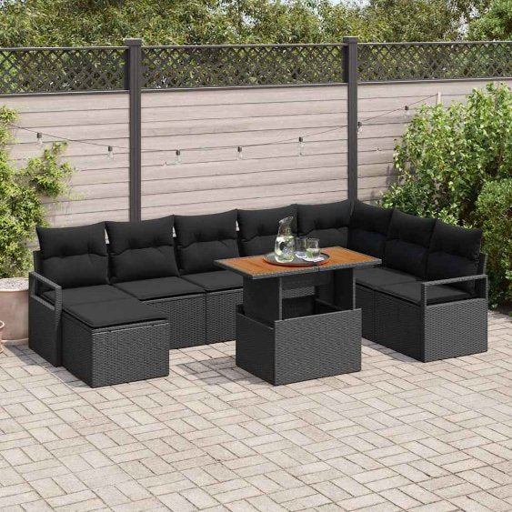 Garten-Sofa-Set mit Kissen 9 pcs Schwarz und Creme