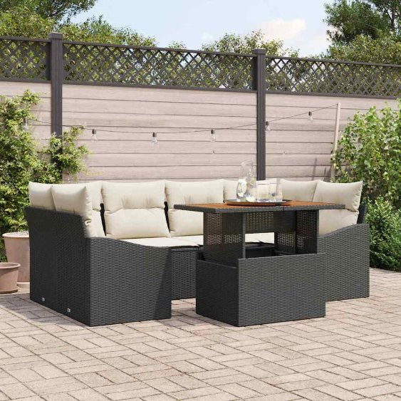 Garten Essgruppe mit Kissen Schwarz und Creme 100 x 55 x 73 cm