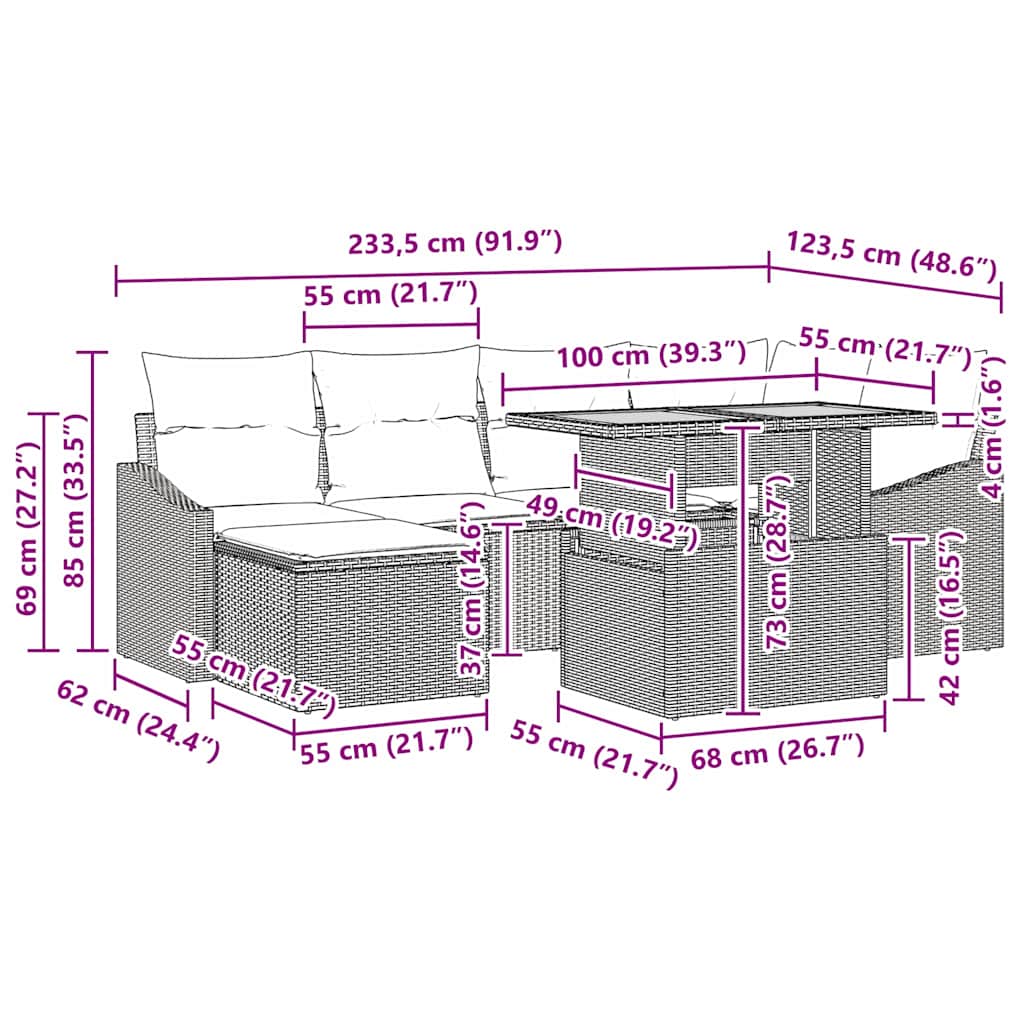 Garten Essgruppe mit Kissen 7 pcs Schwarz und Creme