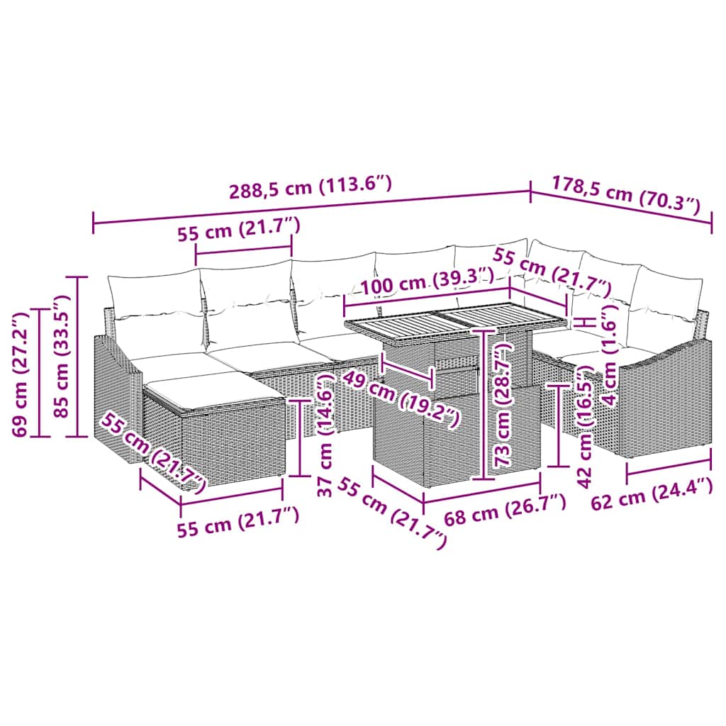 Garten Essgruppe mit Kissen 9 pcs Schwarz und Creme