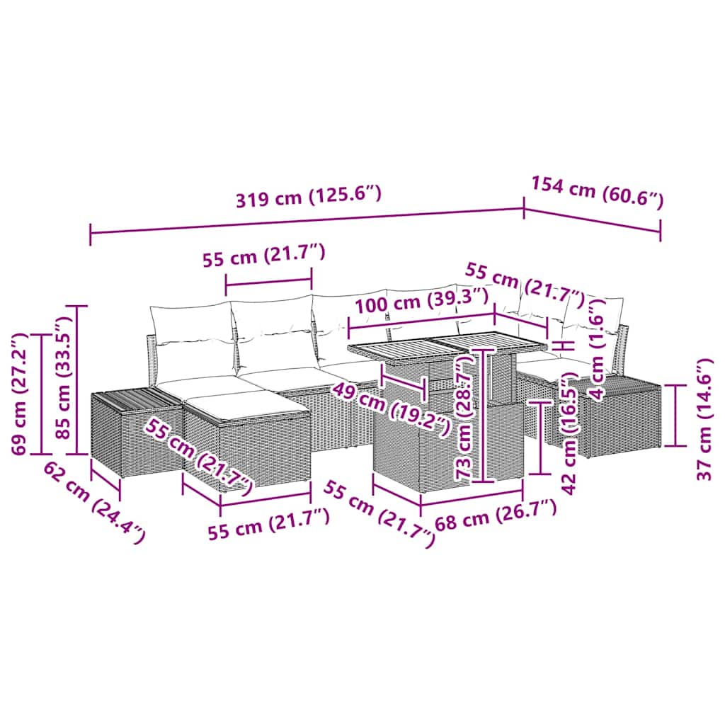 Garten-Sofa-Set mit Kissen 8 pcs Schwarz und Creme