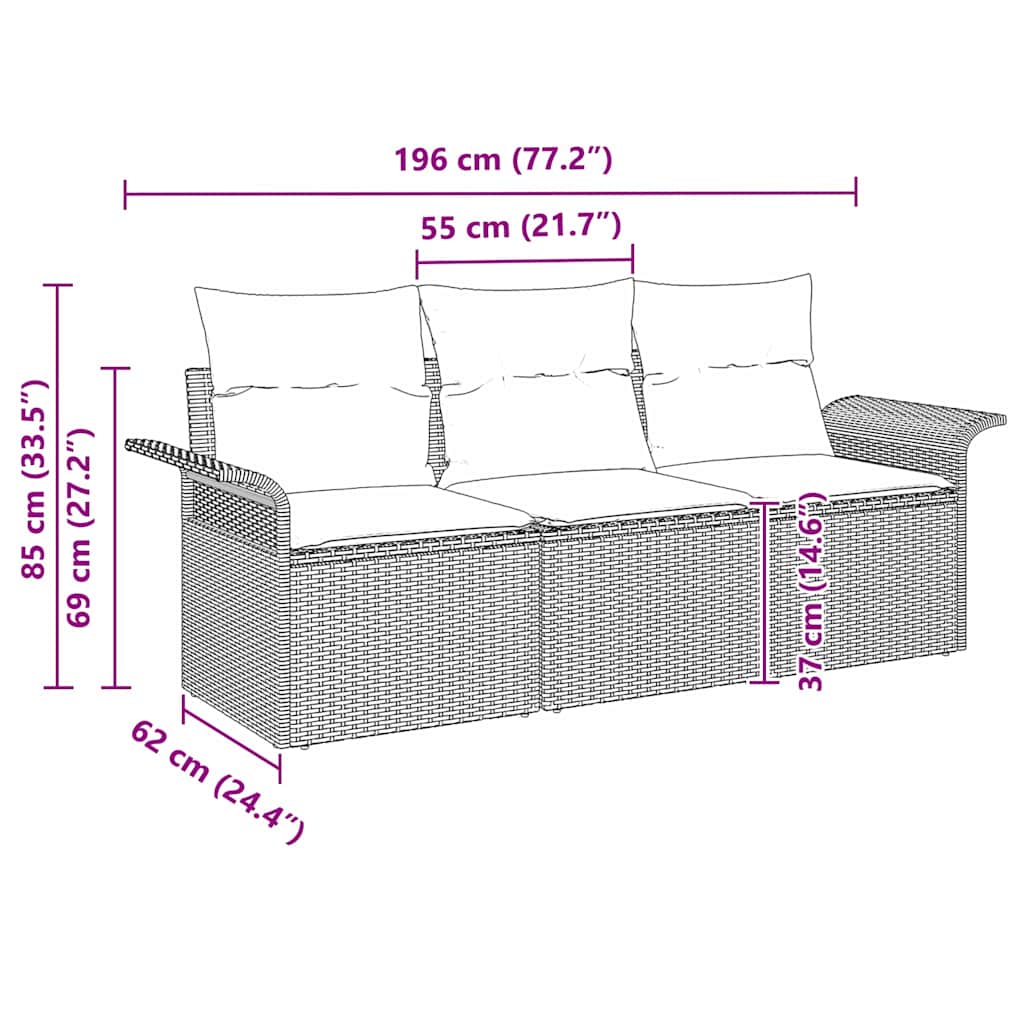 Garten-Sofa-Set mit Kissen 3 pcs Schwarz Poly Rattan