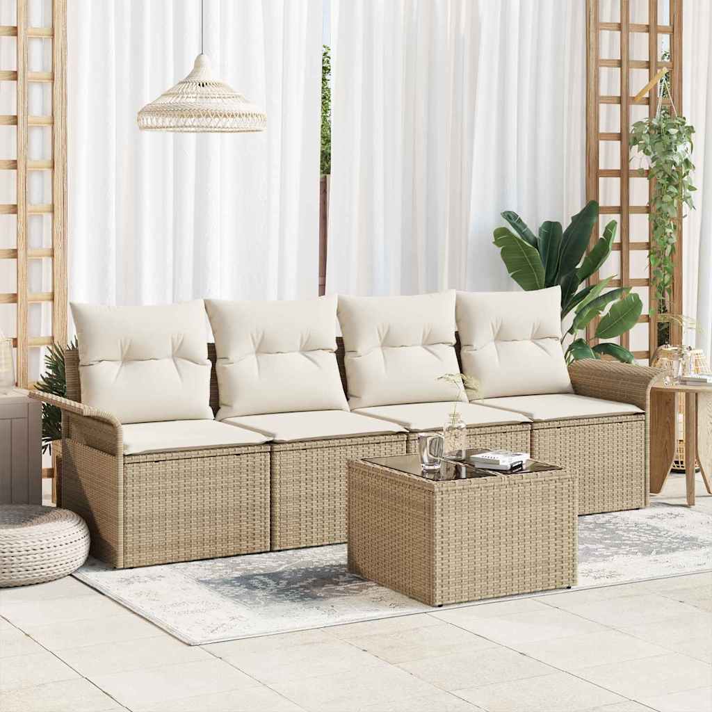 Gartensofa-set mit Kissen 5 pcs Schwarz und Creme Poly-Rattan