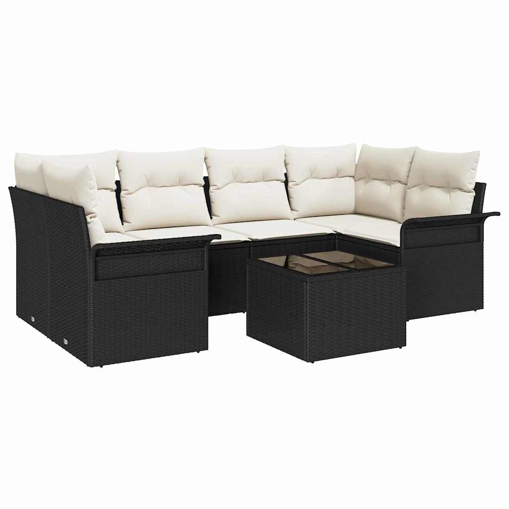 Garten-Sofa-Set mit Kissen mit Speicher 7 pcs Schwarz und Creme