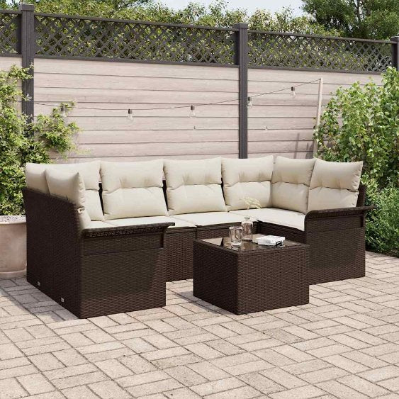 Garten-Sofa-Set mit Kissen mit Speicher 7 pcs Schwarz und Creme