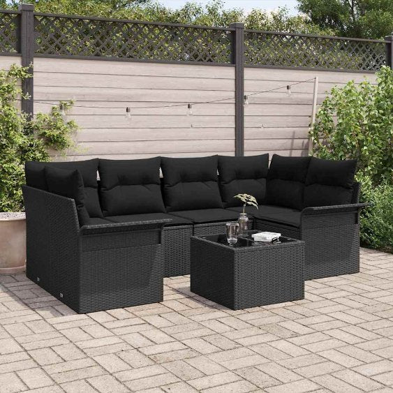 Garten-Sofa-Set mit Kissen mit Speicher 7 pcs Schwarz und Creme