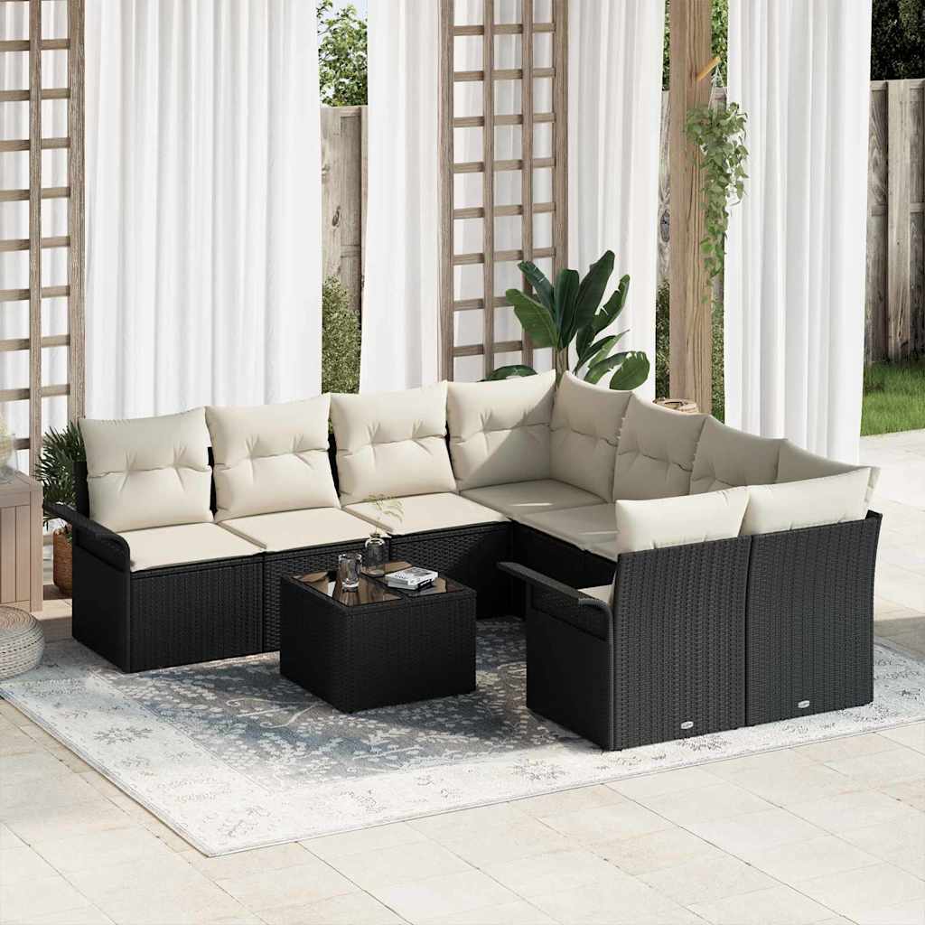 Garten-Sofa-Set mit Kissen mit Speicher 9 pcs Schwarz und Creme