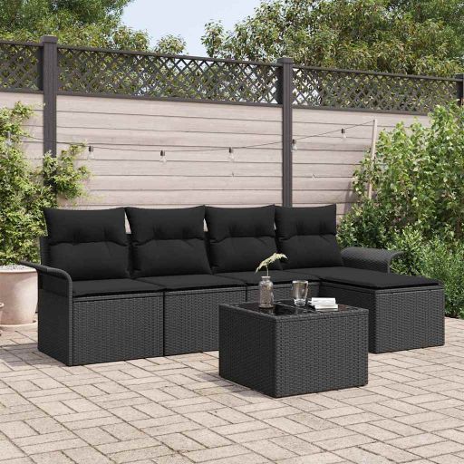 Gartensofa-set mit Kissen 5 pcs Schwarz Poly-Rattan