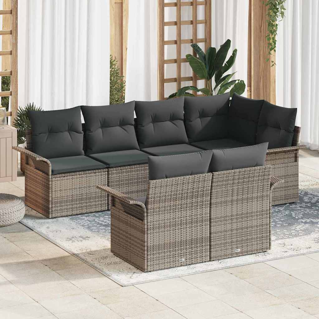 Garten-Sofa-Set mit Kissen 7 pcs Schwarz Poly Rattan
