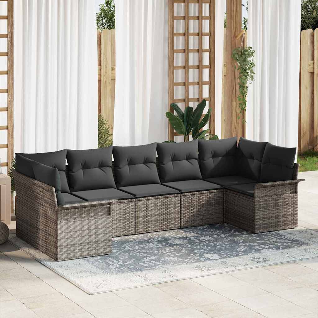 Garten-Sofa-Set mit Kissen 7 pcs Schwarz Poly Rattan