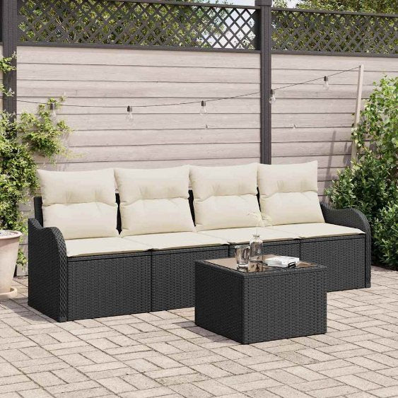 Gartensofa-set mit Speicher 5 pcs Schwarz und Creme Poly-Rattan