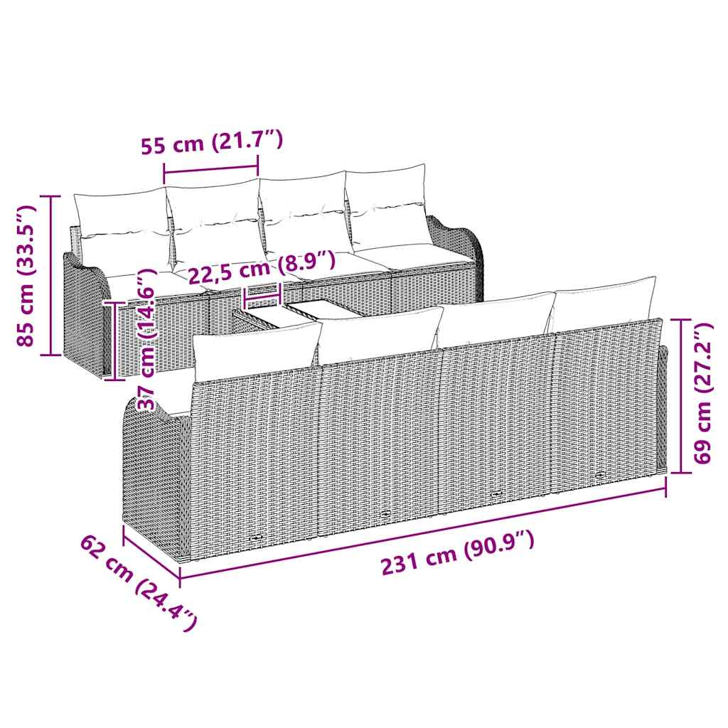 Garten-Sofa-Set mit Kissen mit Speicher 9 pcs Schwarz und Creme