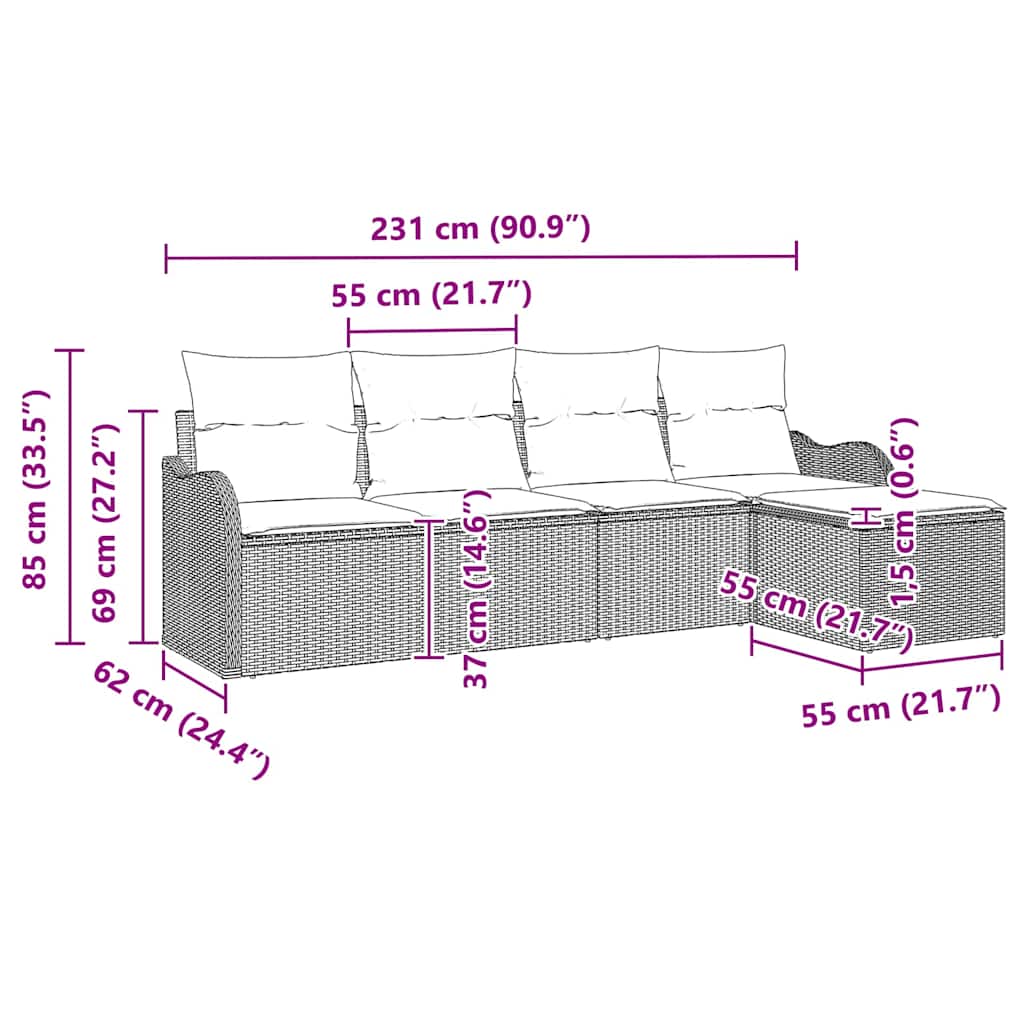 Garten-Sofa-Set mit Kissen 5 pcs Schwarz Poly Rattan