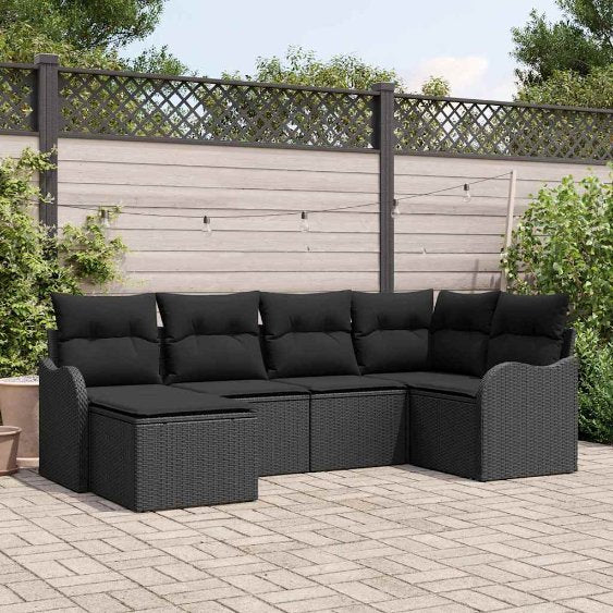 Garten-Sofa-Set mit Kissen 6 pcs Schwarz und Weiß Poly Rattan