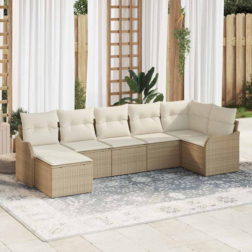 Garten-Sofa-Set mit Kissen 7 pcs Schwarz und Weiß Poly Rattan