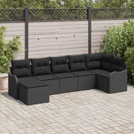 Garten-Sofa-Set mit Kissen 7 pcs Schwarz und Weiß Poly Rattan