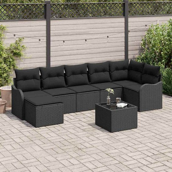 Garten-Sofa-Set mit Kissen 7 pcs Schwarz und Weiß Poly Rattan