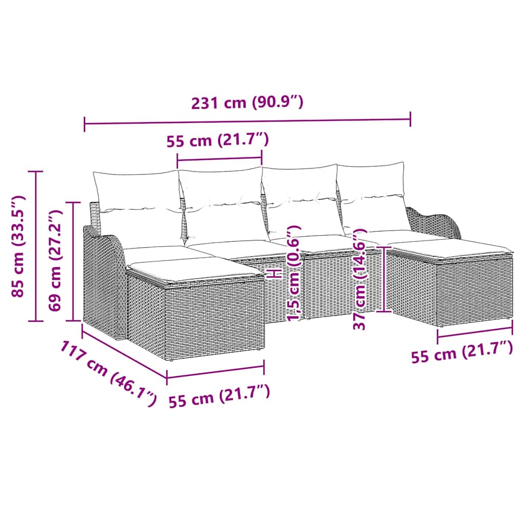 Garten-Sofa-Set mit Kissen 6 pcs Schwarz und Weiß Poly Rattan