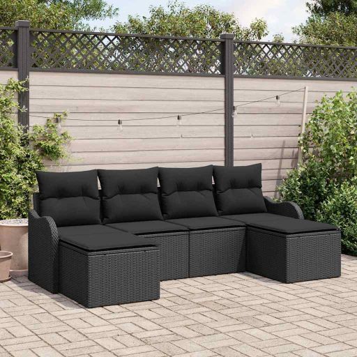 Garten-Sofa-Set mit Kissen 6 pcs Schwarz und Weiß Poly Rattan