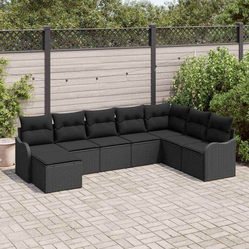 Garten-Sofa-Set mit Kissen 8 pcs Schwarz und Weiß Poly Rattan