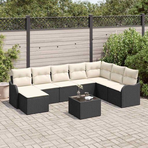 Garten-Sofa-Set mit Kissen 8 pcs Schwarz und Weiß Poly Rattan