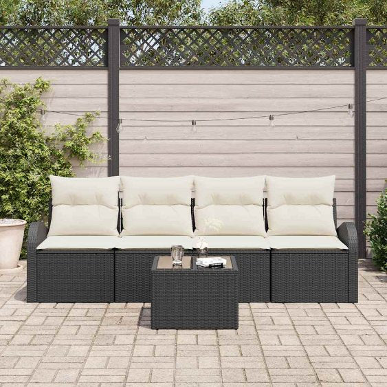 Garten-Sofa-Set mit Kissen mit Speicher 5 pcs Schwarz und Creme