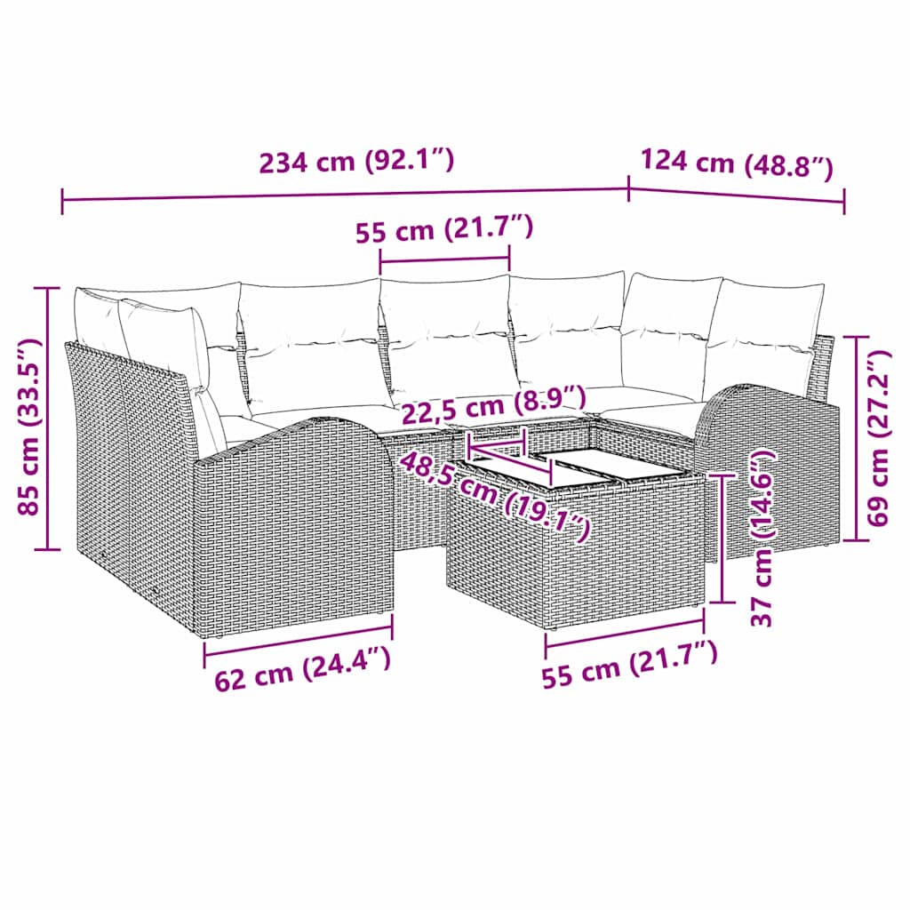 Garten-Sofa-Set mit Kissen mit Speicher 7 pcs Schwarz und Creme